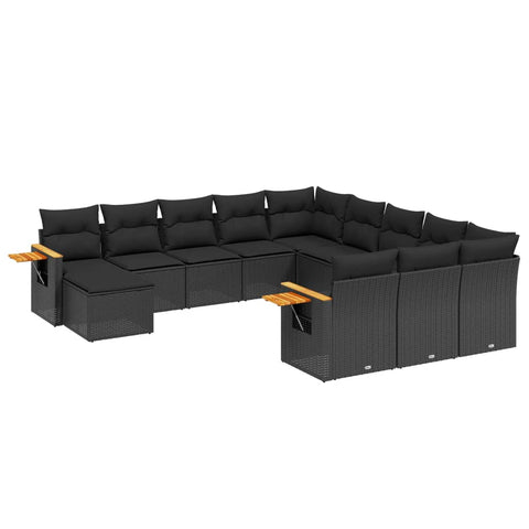 11-tlg. Garten-Sofagarnitur mit Kissen Schwarz Poly Rattan