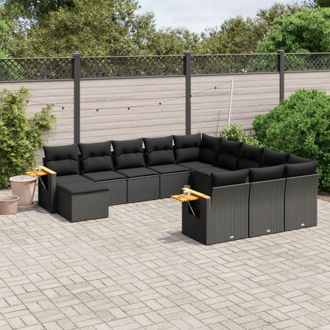 11-tlg. Garten-Sofagarnitur mit Kissen Schwarz Poly Rattan