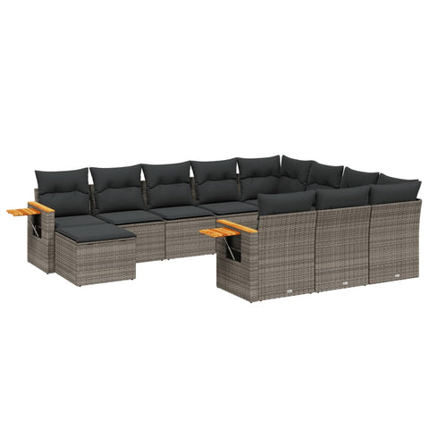 11-tlg. Garten-Sofagarnitur mit Kissen Grau Poly Rattan