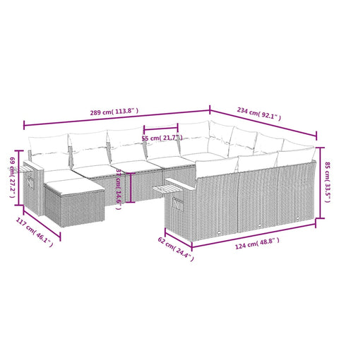 11-tlg. Garten-Sofagarnitur mit Kissen Grau Poly Rattan