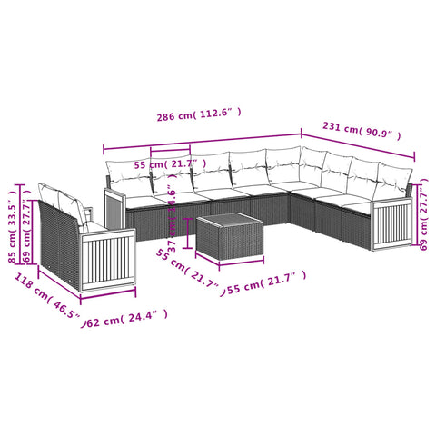 11-tlg. Garten-Sofagarnitur mit Kissen Schwarz Poly Rattan