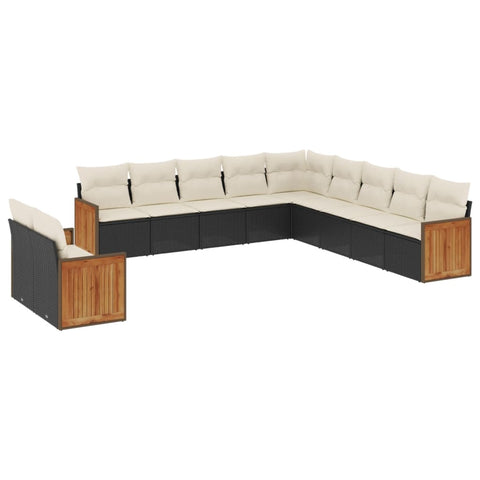 11-tlg. Garten-Sofagarnitur mit Kissen Schwarz Poly Rattan