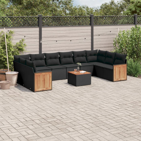 11-tlg. Garten-Sofagarnitur mit Kissen Schwarz Poly Rattan