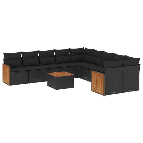 11-tlg. Garten-Sofagarnitur mit Kissen Schwarz Poly Rattan