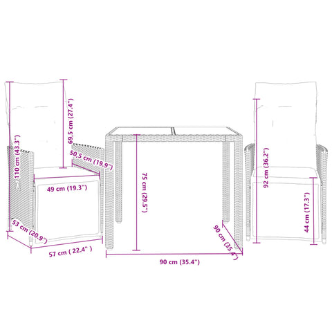 3-tlg. Bistro-Set mit Kissen Schwarz Poly Rattan