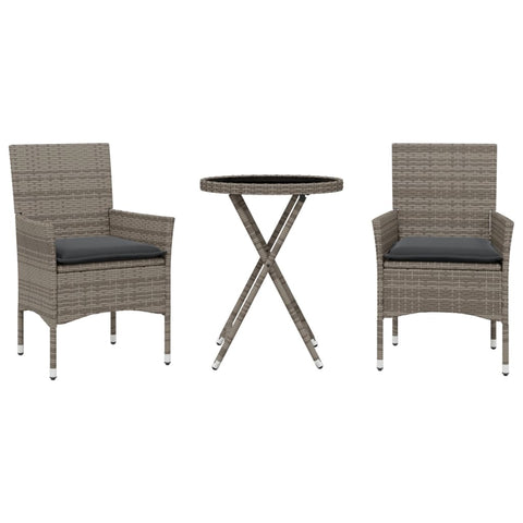 3-tlg. Bistro-Set mit Kissen Grau Poly Rattan und Glas