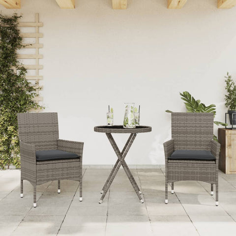 3-tlg. Bistro-Set mit Kissen Grau Poly Rattan und Glas