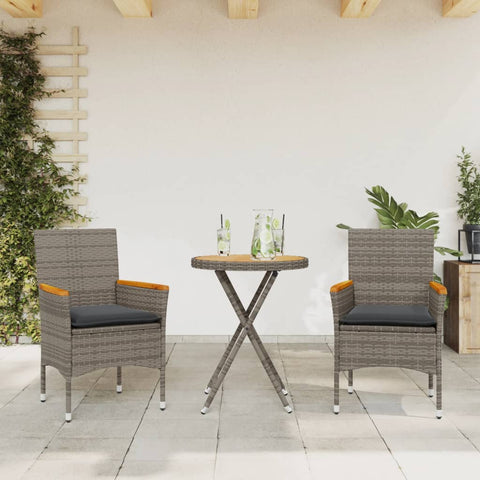 3-tlg. Bistro-Set mit Kissen Grau Poly Rattan & Akazienholz