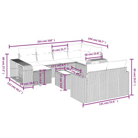 11-tlg. Garten-Sofagarnitur mit Kissen Hellgrau Poly Rattan