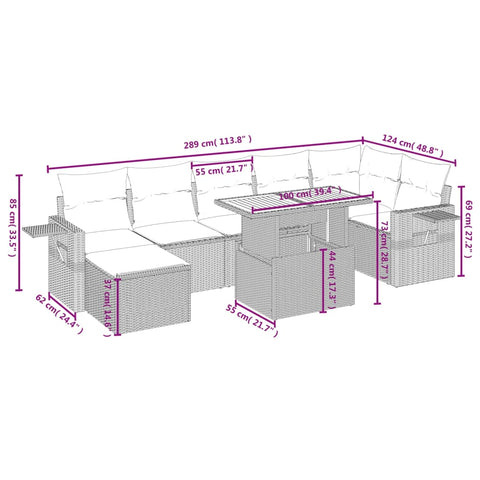 8-tlg. Garten-Sofagarnitur mit Kissen Beige Poly Rattan