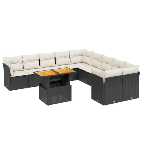 11-tlg. Garten-Sofagarnitur mit Kissen Schwarz Poly Rattan