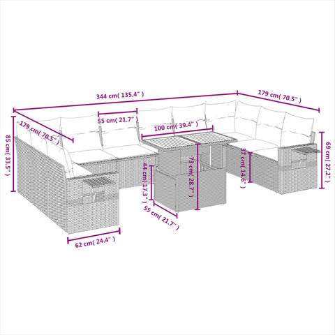 11-tlg. Garten-Sofagarnitur mit Kissen Schwarz Poly Rattan