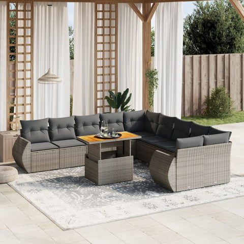 11-tlg. Garten-Sofagarnitur mit Kissen Grau Poly Rattan