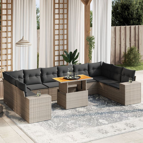 11-tlg. Garten-Sofagarnitur mit Kissen Grau Poly Rattan