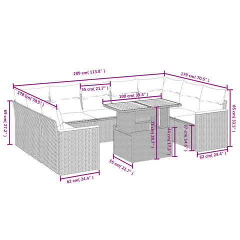 11-tlg. Garten-Sofagarnitur mit Kissen Schwarz Poly Rattan