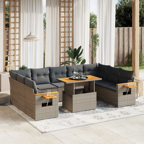 11-tlg. Garten-Sofagarnitur mit Kissen Grau Poly Rattan