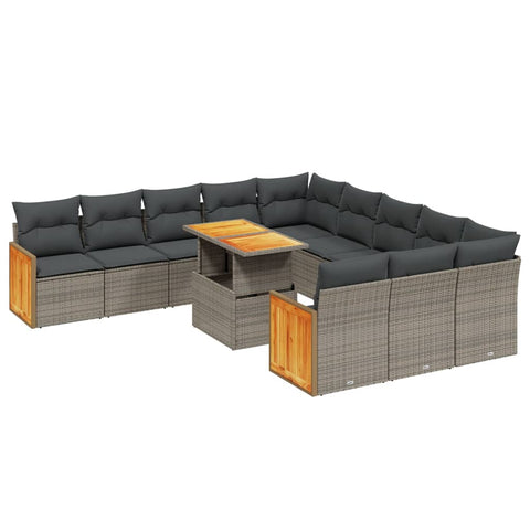 11-tlg. Garten-Sofagarnitur mit Kissen Grau Poly Rattan