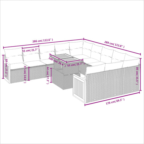 11-tlg. Garten-Sofagarnitur mit Kissen Grau Poly Rattan