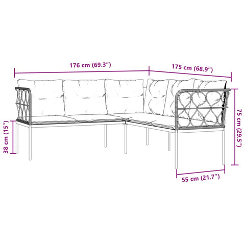 Gartensofa in L-Form mit Kissen Schwarz Stahl und Textilene