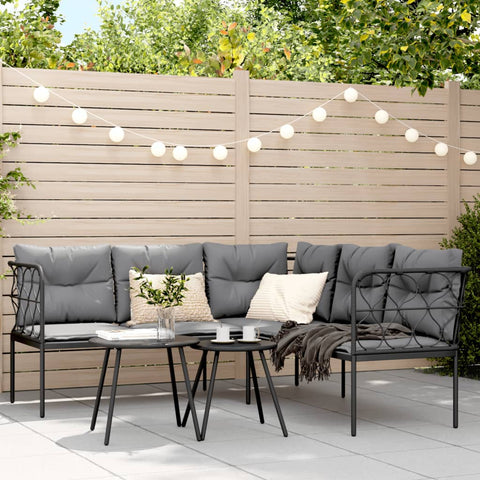 Gartensofa in L-Form mit Kissen Schwarz Stahl und Textilene