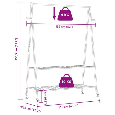 vidaXL Kleiderständer mit Ablagen und Rollen 132x45,5x155,5 cm Bambus