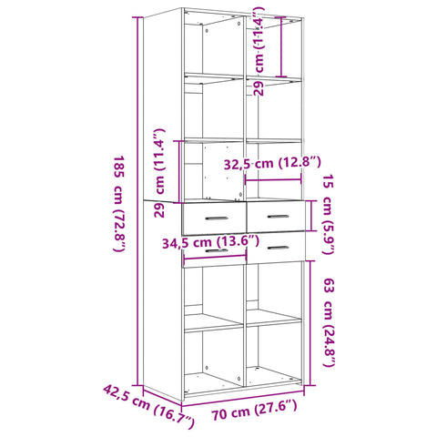 vidaXL Highboard Sonoma-Eiche 70x42,5x185 cm Holzwerkstoff