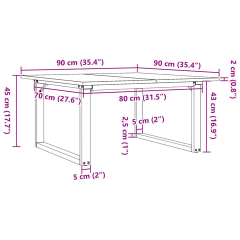 vidaXL Couchtisch O-Gestell 90x90x45cm Massivholz Kiefer und Gusseisen