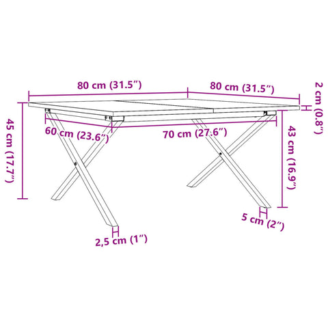 vidaXL Couchtisch X-Gestell 80x80x45cm Massivholz Kiefer und Gusseisen