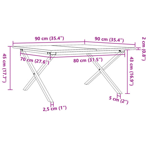 vidaXL Couchtisch X-Gestell 90x90x45cm Massivholz Kiefer und Gusseisen