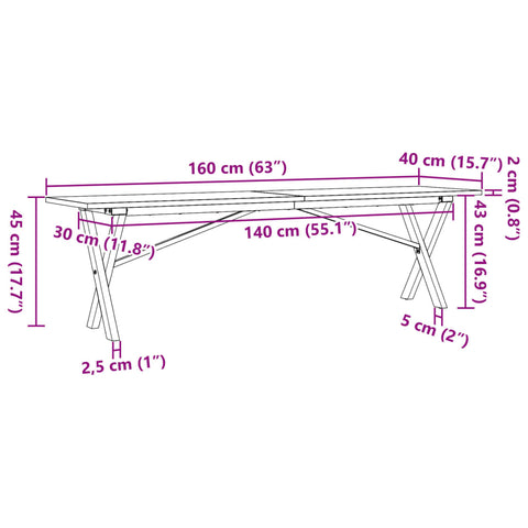 vidaXL Couchtisch X-Gestell 160x40x45 cm Massivholz Kiefer & Gusseisen