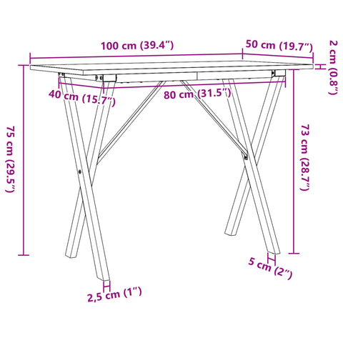 Esstisch X-Gestell 100x50x75 cm Massivholz Kiefer und Gusseisen