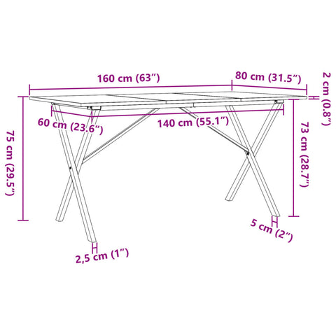 Esstisch X-Gestell 160x80x75 cm Massivholz Kiefer und Gusseisen