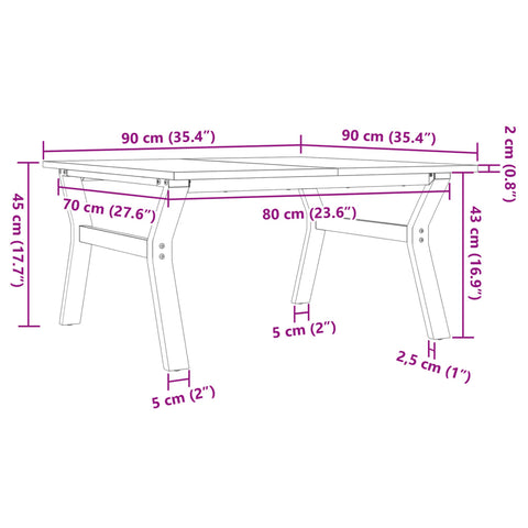 vidaXL Couchtisch Y-Gestell 90x90x45cm Massivholz Kiefer und Gusseisen