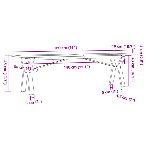 vidaXL Couchtisch Y-Gestell 160x40x45 cm Massivholz Kiefer & Gusseisen