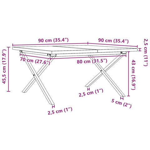 vidaXL Couchtisch X-Gestell 90x90x45,5cm Massivholz Kiefer & Gusseisen