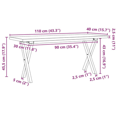 vidaXL Couchtisch X-Gestell 110x40x45,5 cm Massivholz Kiefer Gusseisen