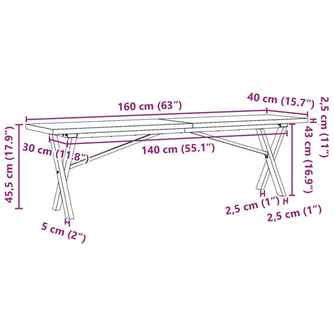 vidaXL Couchtisch X-Gestell 160x40x45,5 cm Massivholz Kiefer Gusseisen