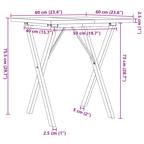 Esstisch X-Gestell 60x60x75,5cm Massivholz Kiefer und Gusseisen