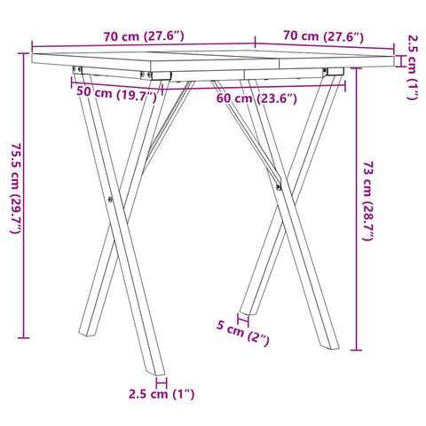 Esstisch X-Gestell 70x70x75,5cm Massivholz Kiefer und Gusseisen