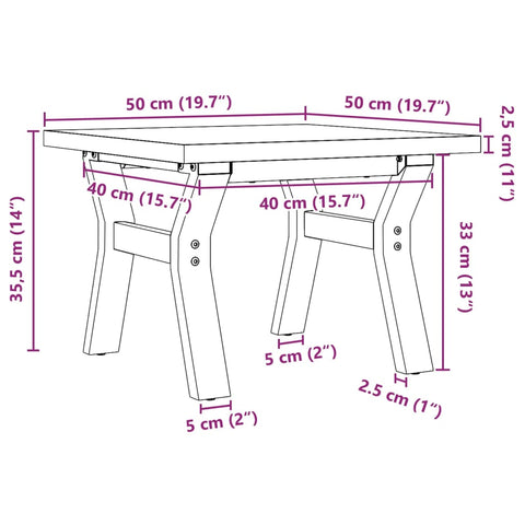 vidaXL Couchtisch Y-Gestell 50x50x35,5cm Massivholz Kiefer & Gusseisen