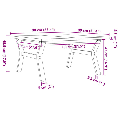 vidaXL Couchtisch Y-Gestell 90x90x45,5cm Massivholz Kiefer & Gusseisen