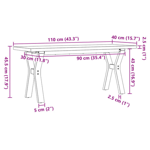 vidaXL Couchtisch Y-Gestell 110x40x45,5 cm Massivholz Kiefer Gusseisen