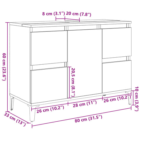 vidaXL Waschbeckenunterschrank Sonoma-Eiche 80x33x60 cm Holzwerkstoff