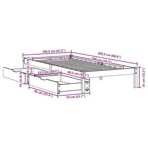 vidaXL Massivholzbett ohne Matratze 100x200 cm Kiefernholz