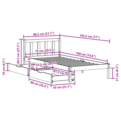 Massivholzbett ohne Matratze 75x190 cm Kiefernholz