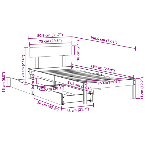 Massivholzbett ohne Matratze Weiß 75x190 cm Kiefernholz