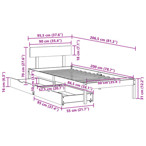 vidaXL Massivholzbett ohne Matratze 90x200 Kiefernholz