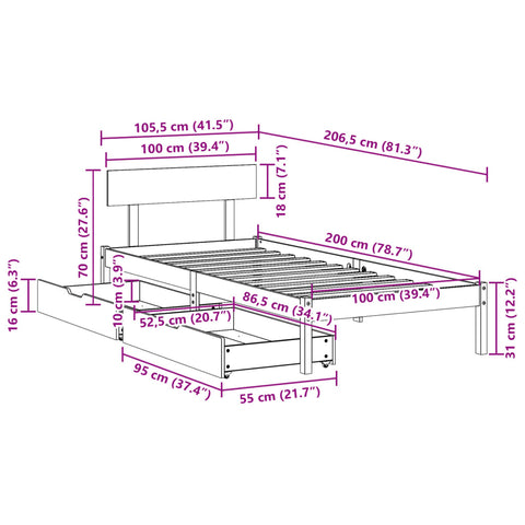 vidaXL Massivholzbett ohne Matratze 100x200 cm Kiefernholz