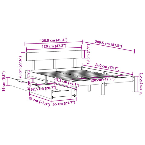 vidaXL Massivholzbett ohne Matratze 120x200 cm Kiefernholz