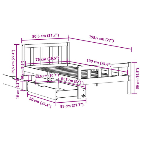 Massivholzbett ohne Matratze 75x190 cm Kiefernholz